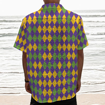 Mardi Gras Harlequin Pattern Print Textured Short Sleeve Shirt
