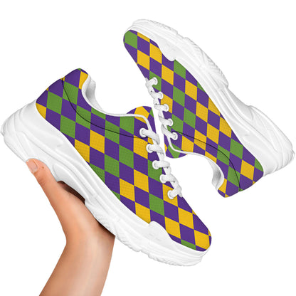 Mardi Gras Harlequin Pattern Print White Chunky Shoes
