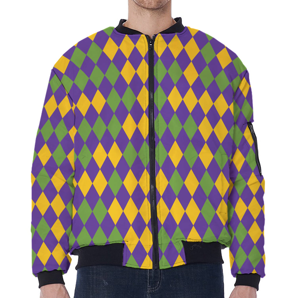 Mardi Gras Harlequin Pattern Print Zip Sleeve Bomber Jacket