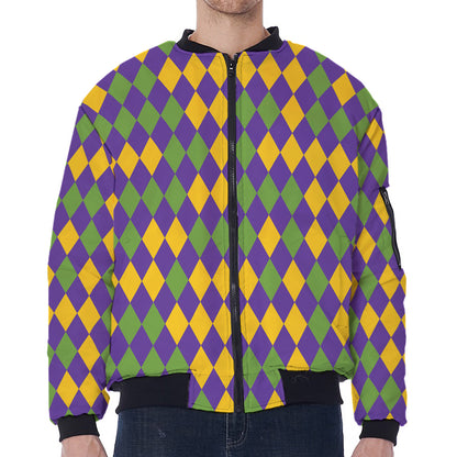 Mardi Gras Harlequin Pattern Print Zip Sleeve Bomber Jacket
