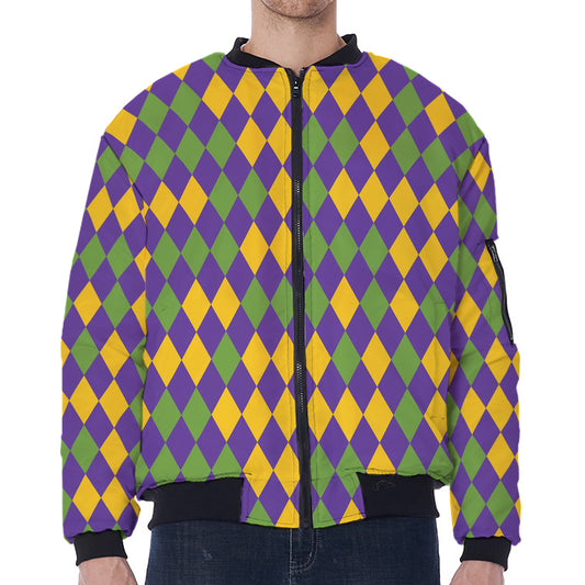 Mardi Gras Harlequin Pattern Print Zip Sleeve Bomber Jacket