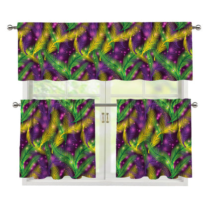 Mardi Gras Palm Leaf Pattern Print 3 Piece Kitchen Curtains