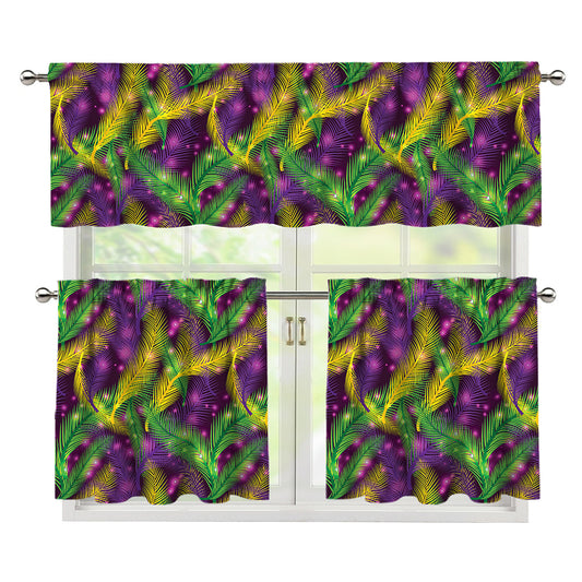 Mardi Gras Palm Leaf Pattern Print 3 Piece Kitchen Curtains