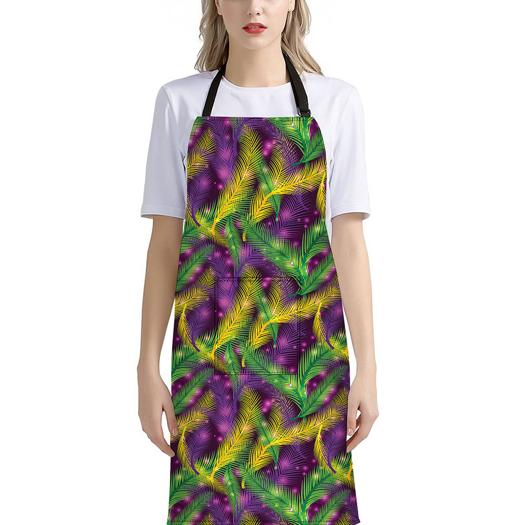 Mardi Gras Palm Leaf Pattern Print Bib Apron With Pocket