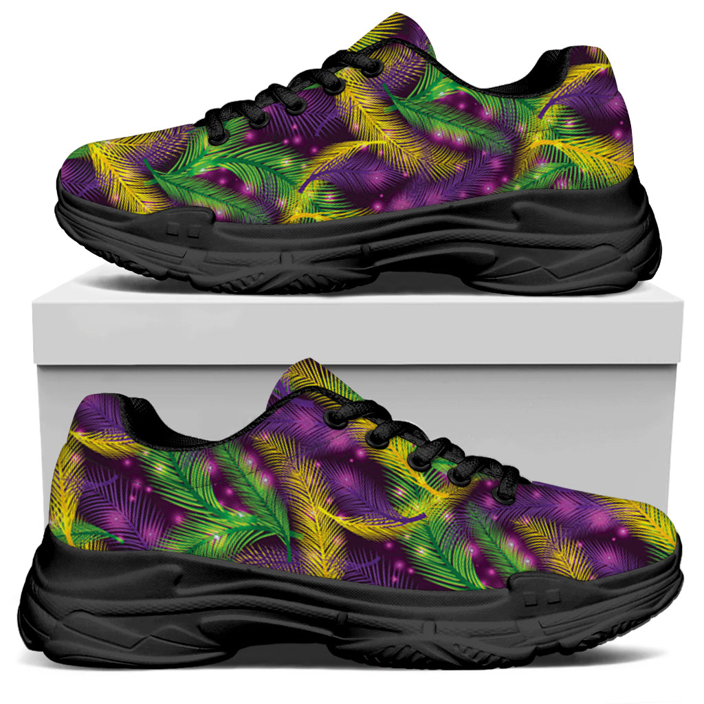 Mardi Gras Palm Leaf Pattern Print Black Chunky Shoes