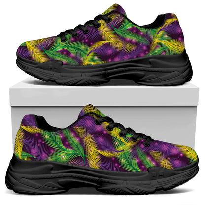 Mardi Gras Palm Leaf Pattern Print Black Chunky Shoes
