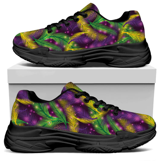 Mardi Gras Palm Leaf Pattern Print Black Chunky Shoes
