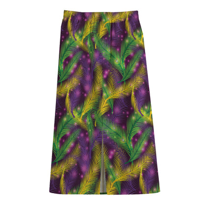 Mardi Gras Palm Leaf Pattern Print Cotton Front Slit Maxi Skirt