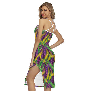 Mardi Gras Palm Leaf Pattern Print Cross Back Cami Dress