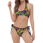 Mardi Gras Palm Leaf Pattern Print Halter Scoop Tie Side Bikini