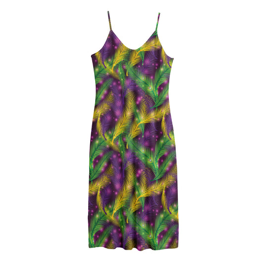 Mardi Gras Palm Leaf Pattern Print Jersey Midi Cami Dress