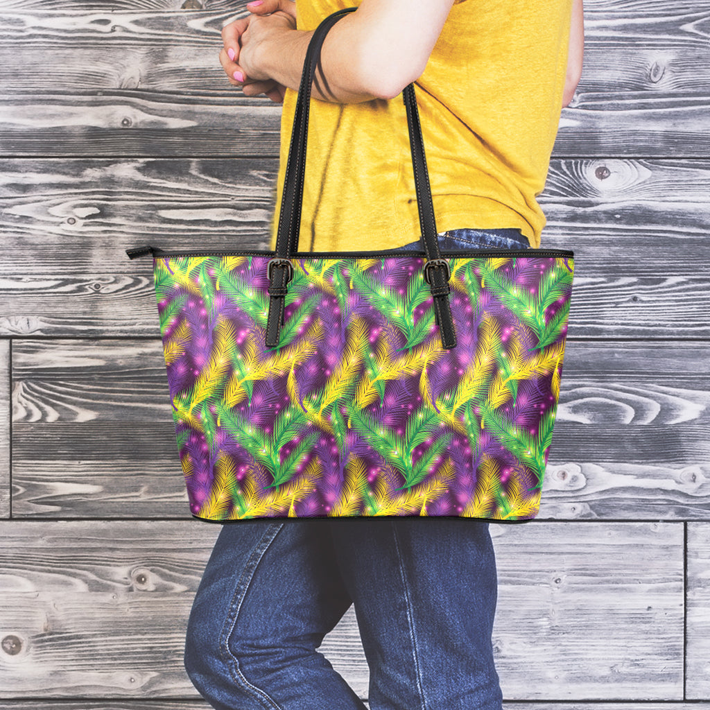 Mardi Gras Palm Leaf Pattern Print Leather Tote Bag