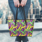 Mardi Gras Palm Leaf Pattern Print Leather Tote Bag