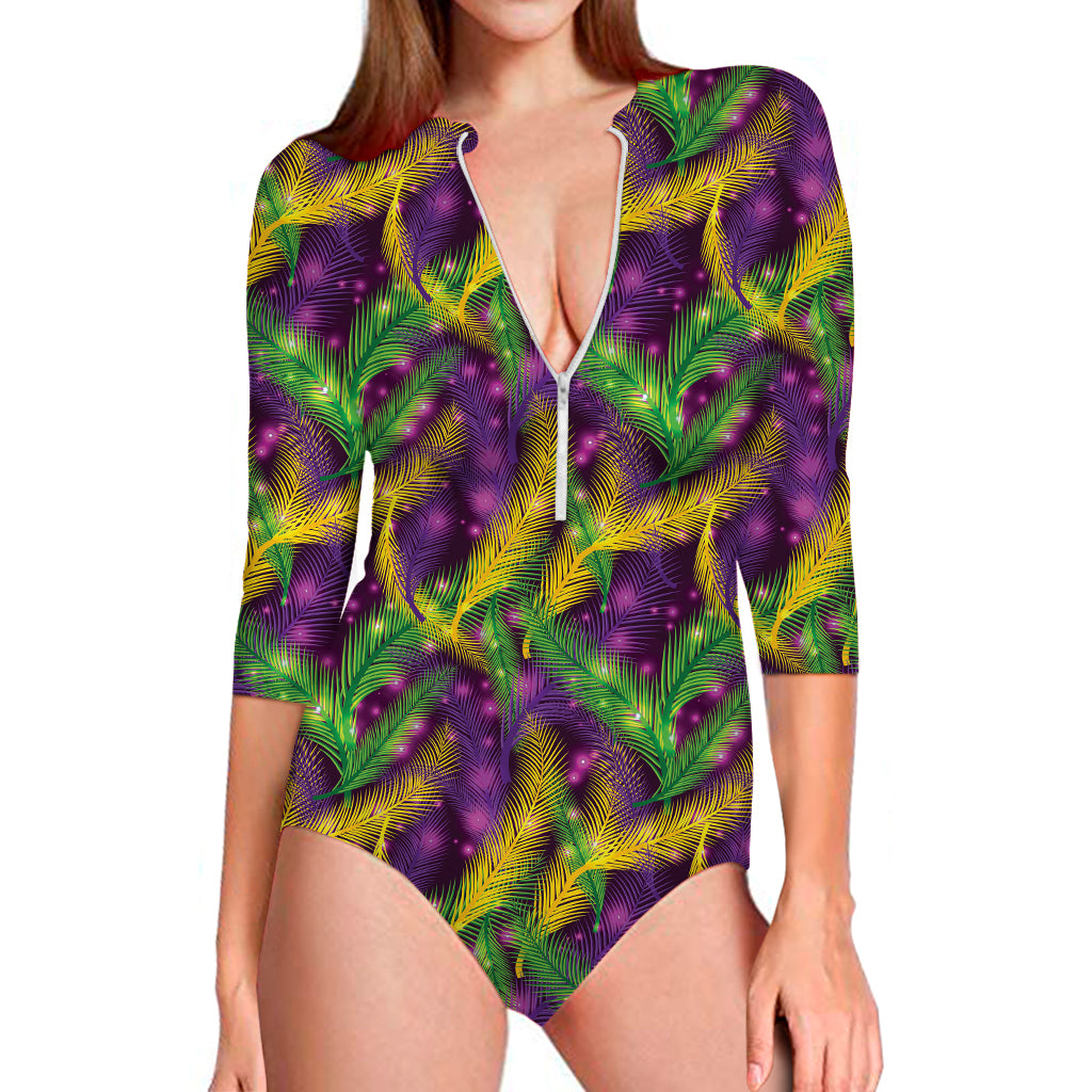 Mardi Gras Palm Leaf Pattern Print Long Sleeve Swimsuit