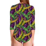 Mardi Gras Palm Leaf Pattern Print Long Sleeve Swimsuit