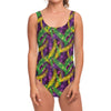 Mardi Gras Palm Leaf Pattern Print One Piece Swimsuit