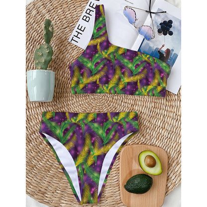 Mardi Gras Palm Leaf Pattern Print One Shoulder Bikini Top