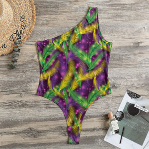 Mardi Gras Palm Leaf Pattern Print One Shoulder Bodysuit