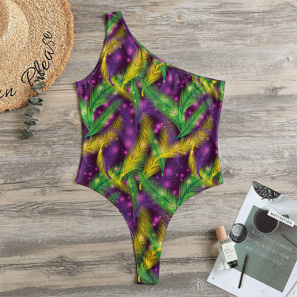 Mardi Gras Palm Leaf Pattern Print One Shoulder Bodysuit