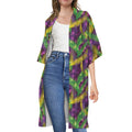 Mardi Gras Palm Leaf Pattern Print Open Front Beach Cover Up