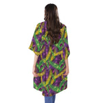 Mardi Gras Palm Leaf Pattern Print Open Front Beach Cover Up