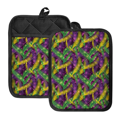 Mardi Gras Palm Leaf Pattern Print Pot Holders With Pocket