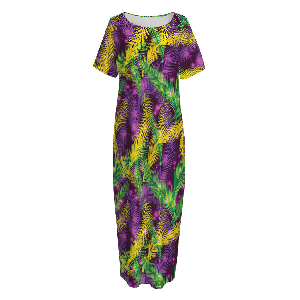 Mardi Gras Palm Leaf Pattern Print Short Sleeve Long Nightdress