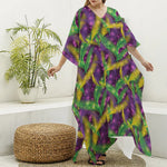 Mardi Gras Palm Leaf Pattern Print Silk V-Neck Kaftan Dress