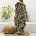 Mardi Gras Palm Leaf Pattern Print Silk V-Neck Kaftan Dress