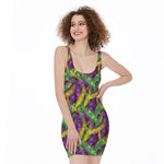 Mardi Gras Palm Leaf Pattern Print Sleeveless Bodycon Dress