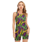 Mardi Gras Palm Leaf Pattern Print Sleeveless One Piece Swimsuit