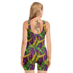 Mardi Gras Palm Leaf Pattern Print Sleeveless One Piece Swimsuit
