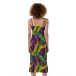 Mardi Gras Palm Leaf Pattern Print Slim Fit Midi Cami Dress