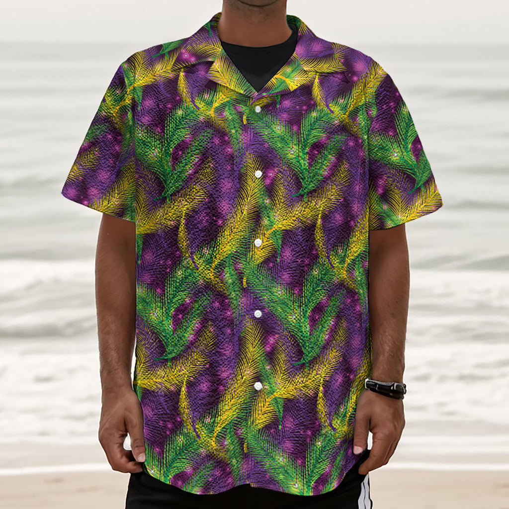 Mardi Gras Palm Leaf Pattern Print Textured Short Sleeve Shirt