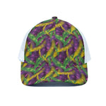 Mardi Gras Palm Leaf Pattern Print White Mesh Trucker Cap