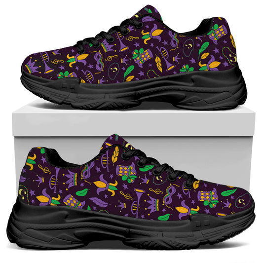 Mardi Gras Party Pattern Print Black Chunky Shoes