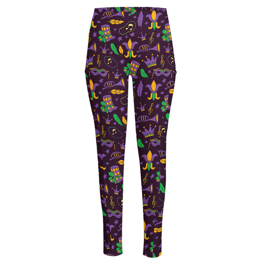 Mardi Gras Party Pattern Print High-Waisted Pocket Leggings