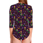 Mardi Gras Party Pattern Print Long Sleeve Swimsuit