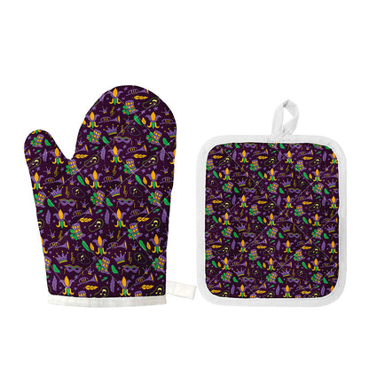 Mardi Gras Party Pattern Print Oven Mitt And Pot Holder Set