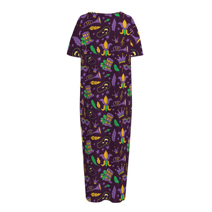 Mardi Gras Party Pattern Print Short Sleeve Long Nightdress