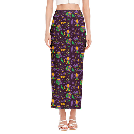 Mardi Gras Party Pattern Print Side Slit Maxi Skirt