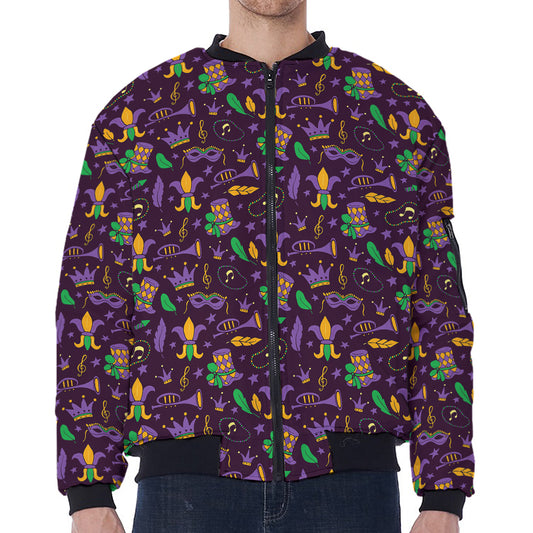 Mardi Gras Party Pattern Print Zip Sleeve Bomber Jacket