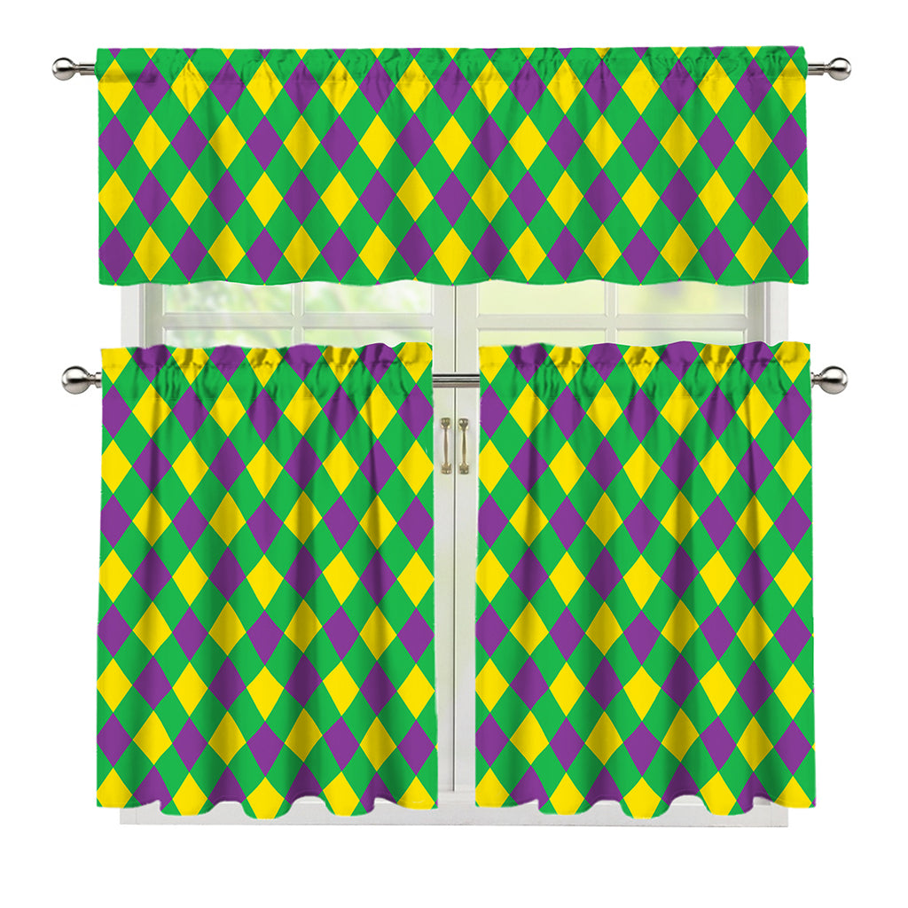 Mardi Gras Plaid Pattern Print 3 Piece Kitchen Curtains