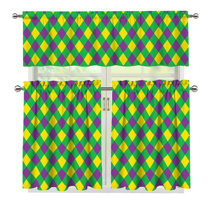 Mardi Gras Plaid Pattern Print 3 Piece Kitchen Curtains