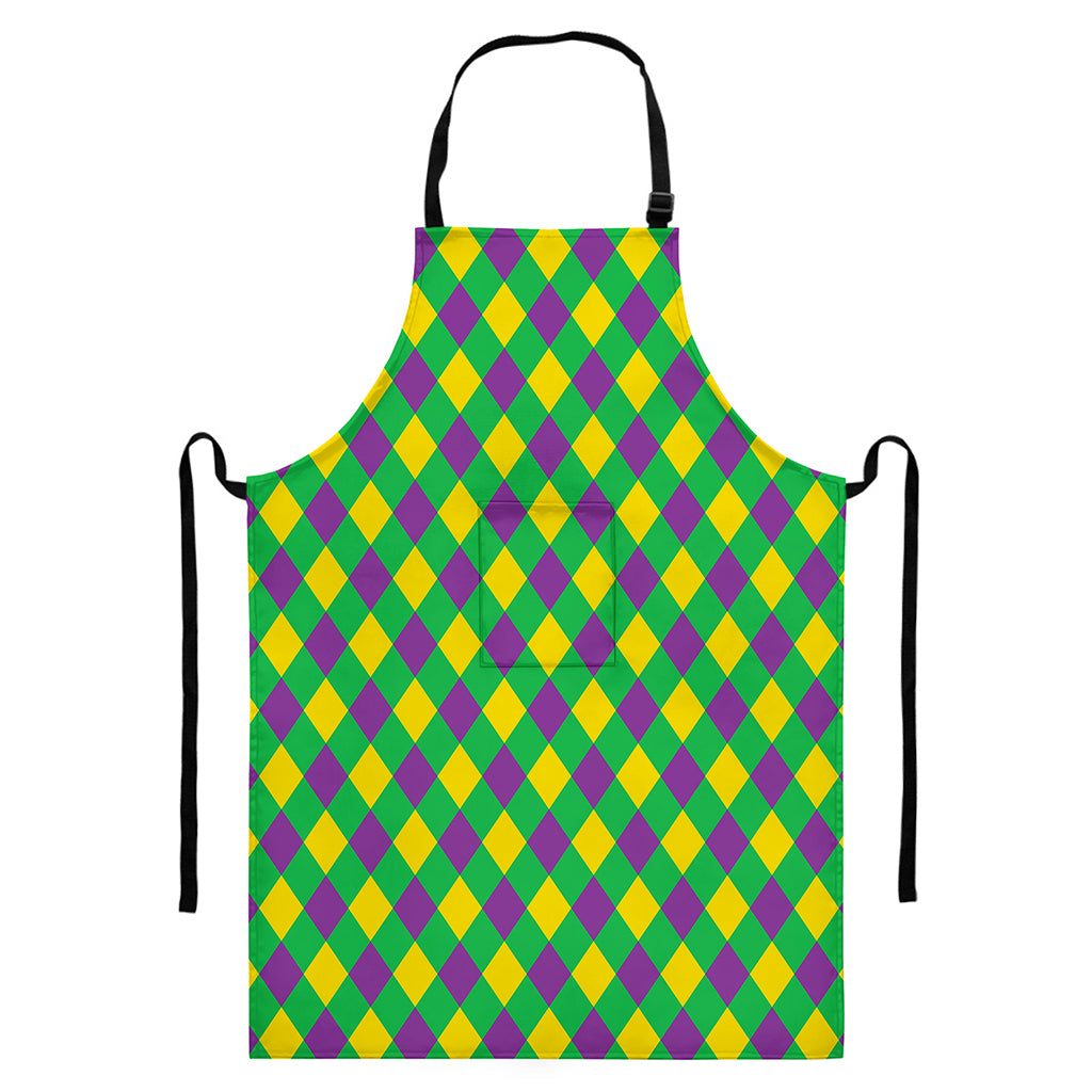 Mardi Gras Plaid Pattern Print Bib Apron With Pocket