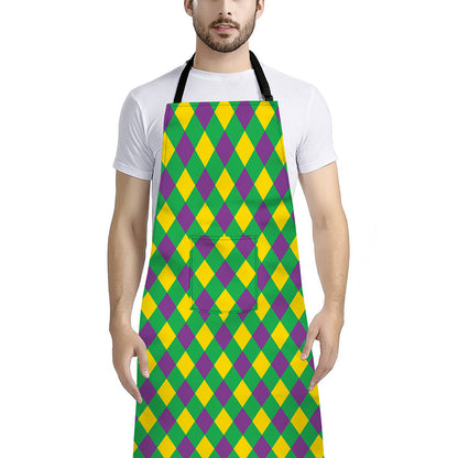 Mardi Gras Plaid Pattern Print Bib Apron With Pocket