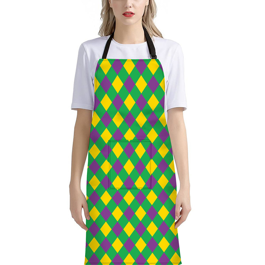 Mardi Gras Plaid Pattern Print Bib Apron With Pocket