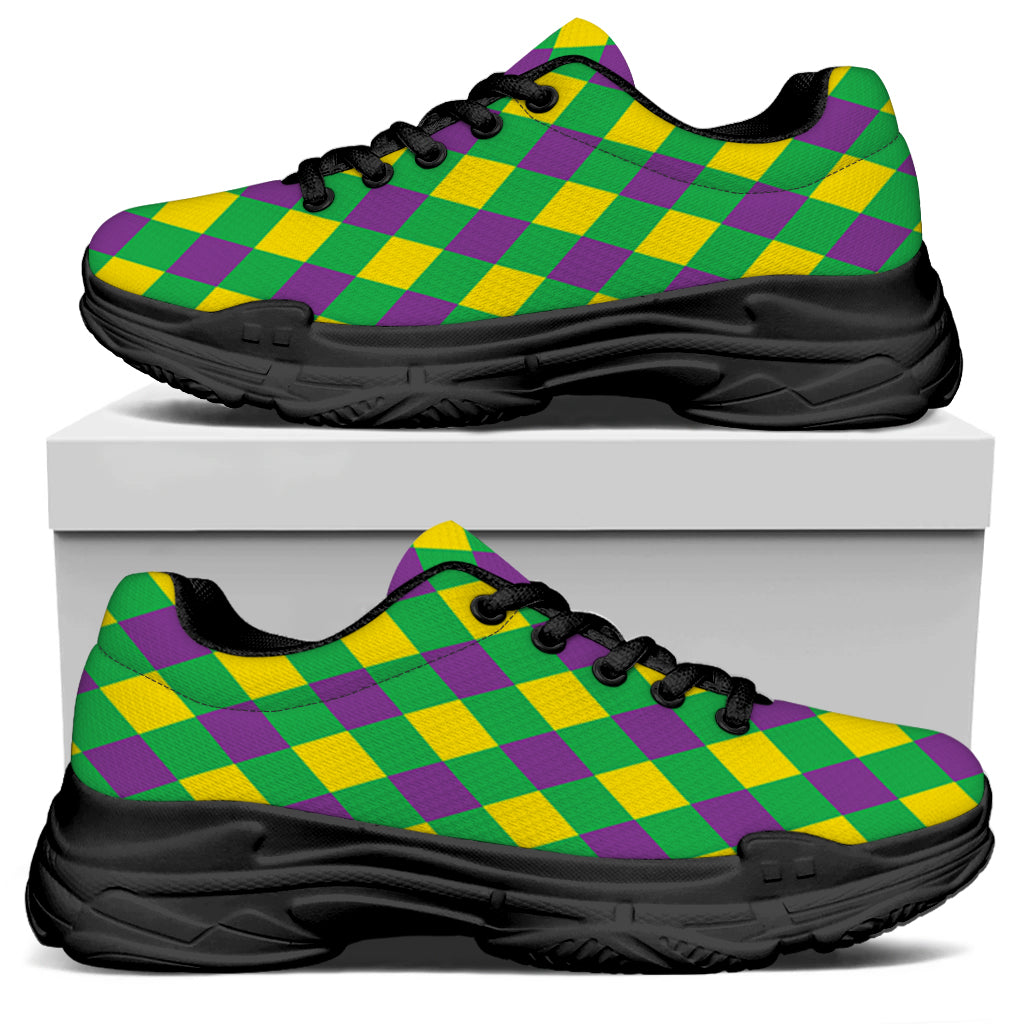 Mardi Gras Plaid Pattern Print Black Chunky Shoes