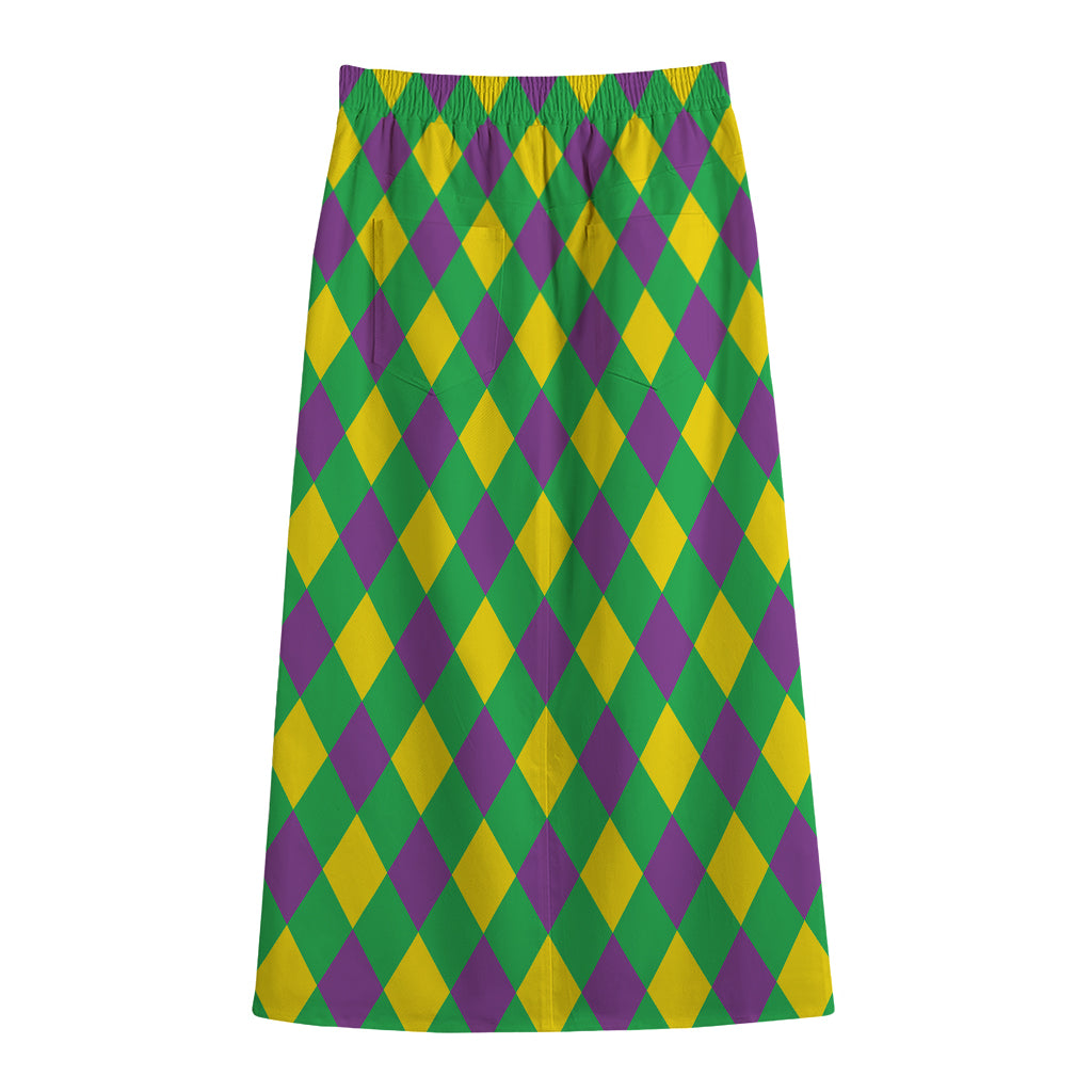 Mardi Gras Plaid Pattern Print Cotton Front Slit Maxi Skirt