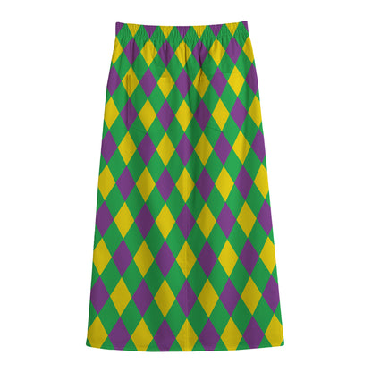 Mardi Gras Plaid Pattern Print Cotton Front Slit Maxi Skirt